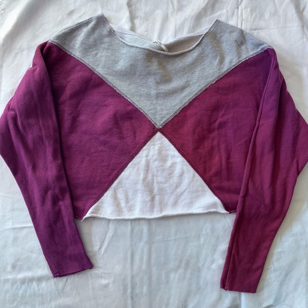Free People Montauk Colorblock Pullover XS Berry Ivory Raw Hem Sweatshirt NWOT
